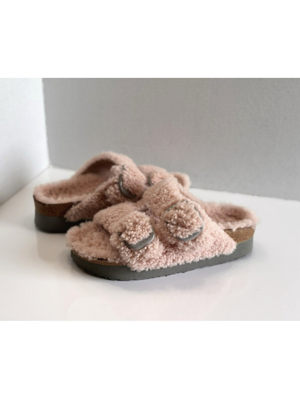 Birkenstock Papillio Teddy Crystal Rose Arizona Big Buckle Shearling Sandal 38/7